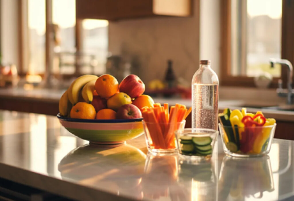 משטח מטבח מסודר עם קערת פירות, ירקות חתוכים בקופסאות שקופות ובקבוק מים - דוגמה לעיצוב סביבתי של מטבח בריא
