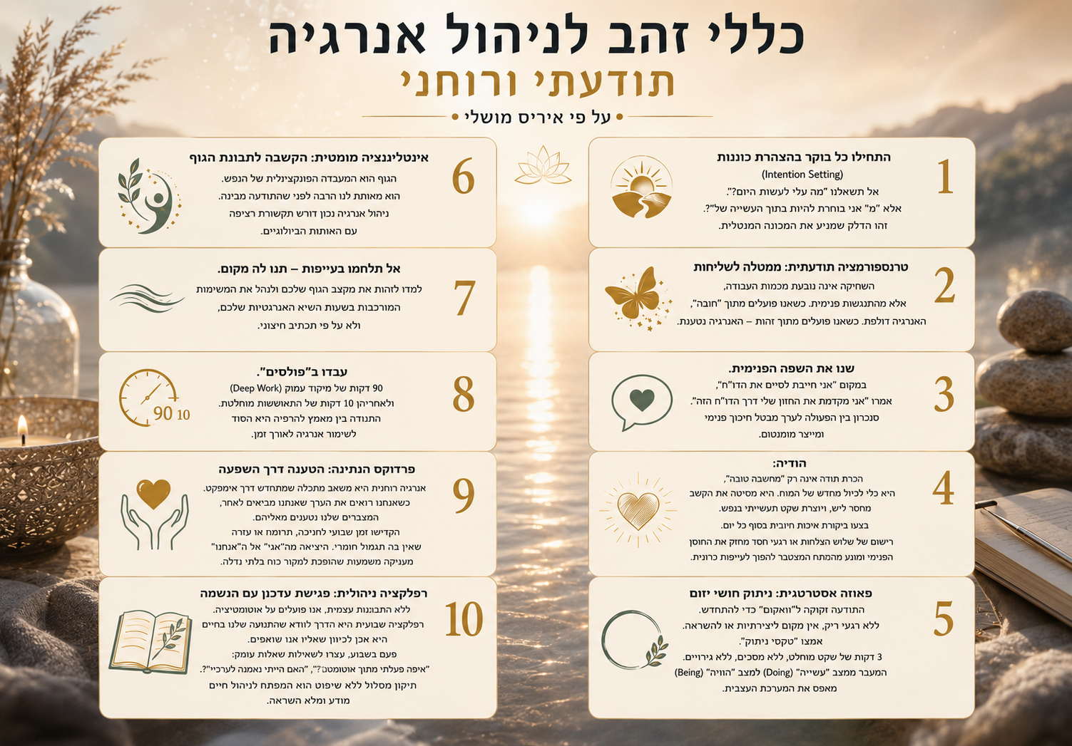 10 כללים לניהול אנרגיה תודעתי ורוחני לחיים מאוזנים יותר על פי איריס מושלי